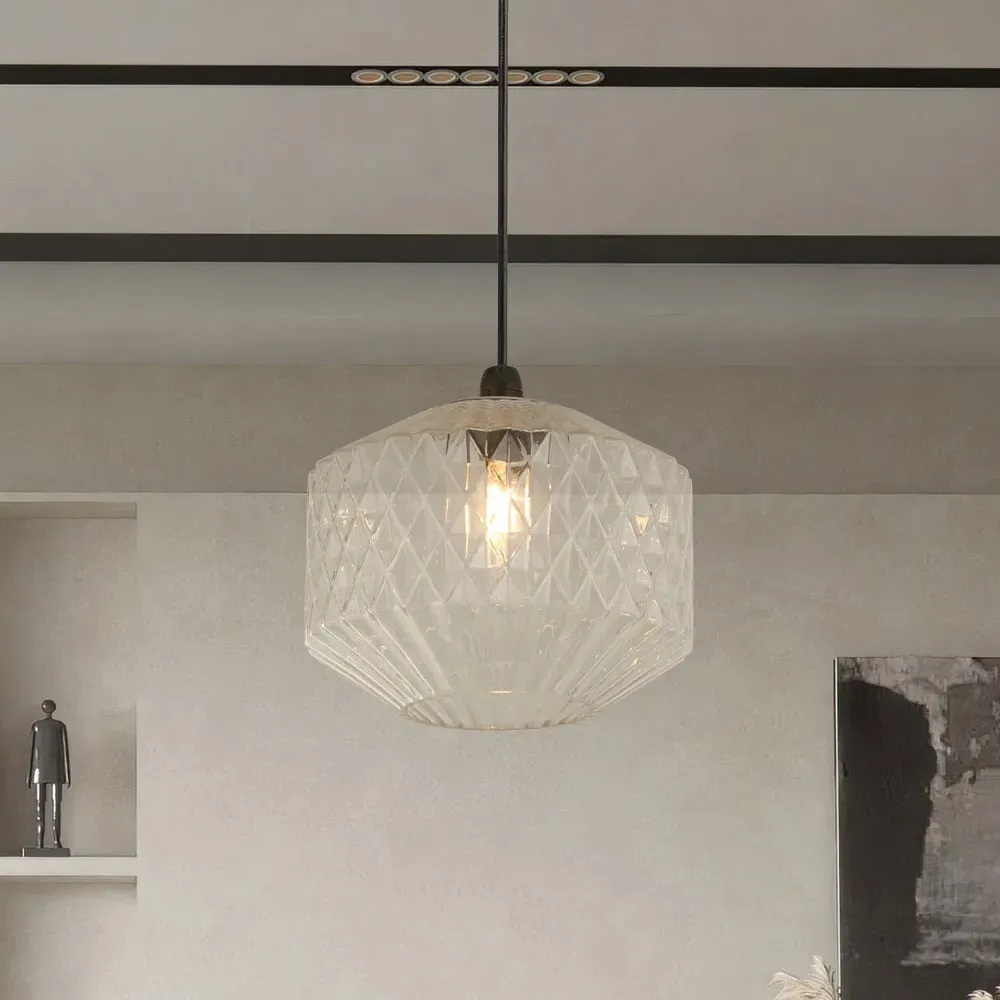 Clear Glass Pendant Shade with Carved Grooves - Clear
