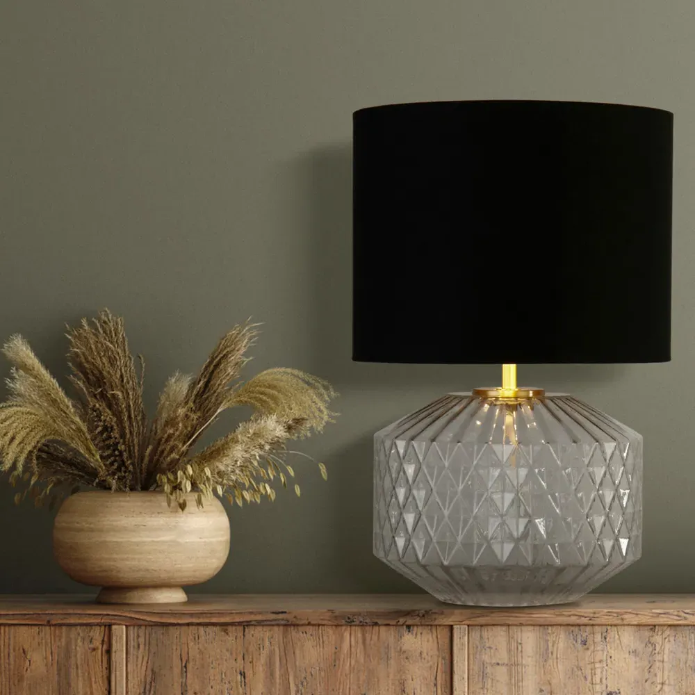 Clear Glass Table Lamp - Black Fabric Shade
