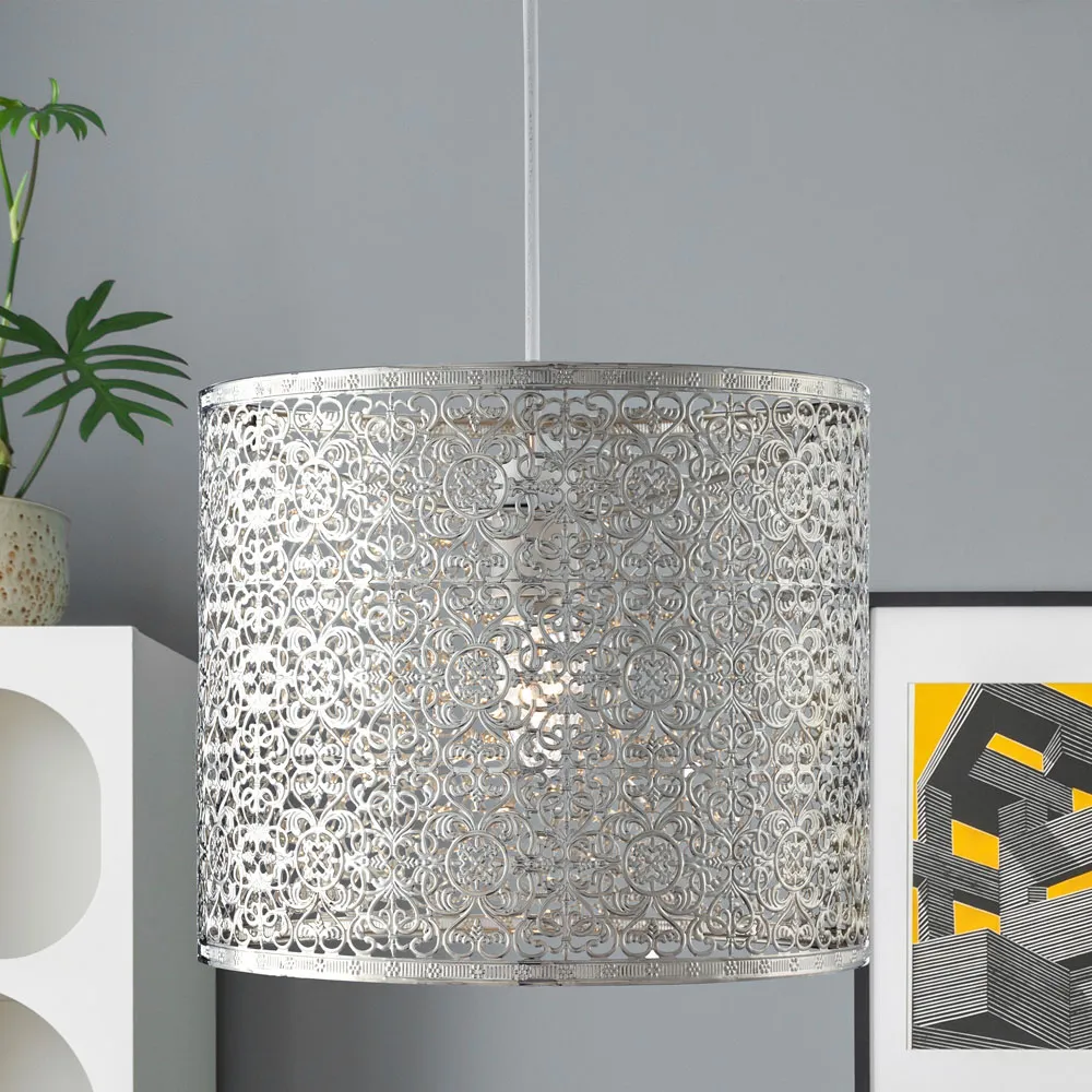 Cylinder Shade with Cut Out Pattern - Silver, Steel
