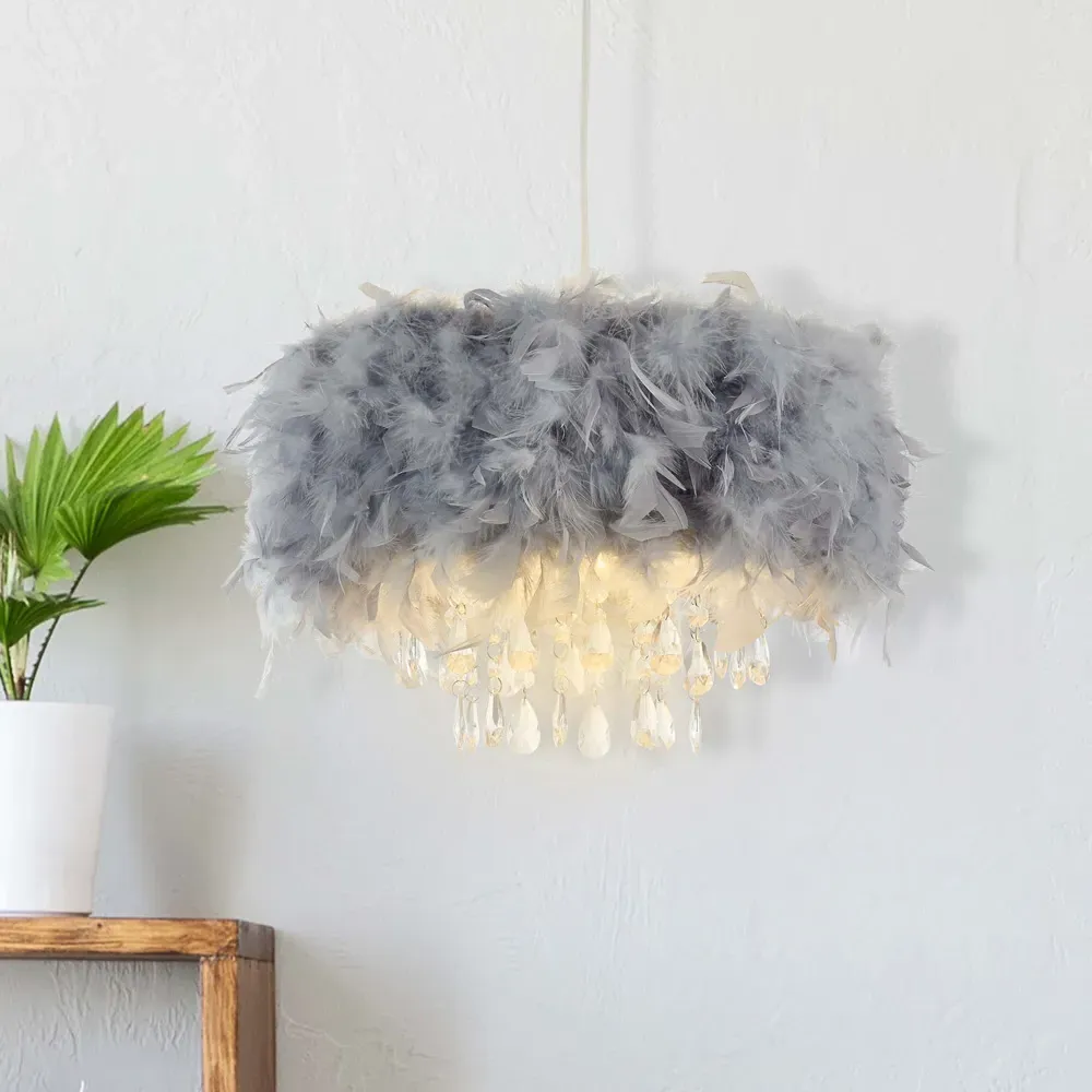 Feather Shade Pendant with Acrylic Drops - Grey