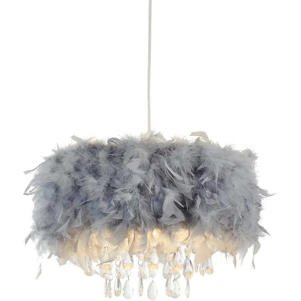 Feather Shade Pendant with Acrylic Drops - Grey