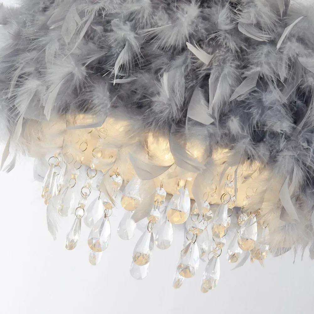 Feather Shade Pendant with Acrylic Drops - Grey