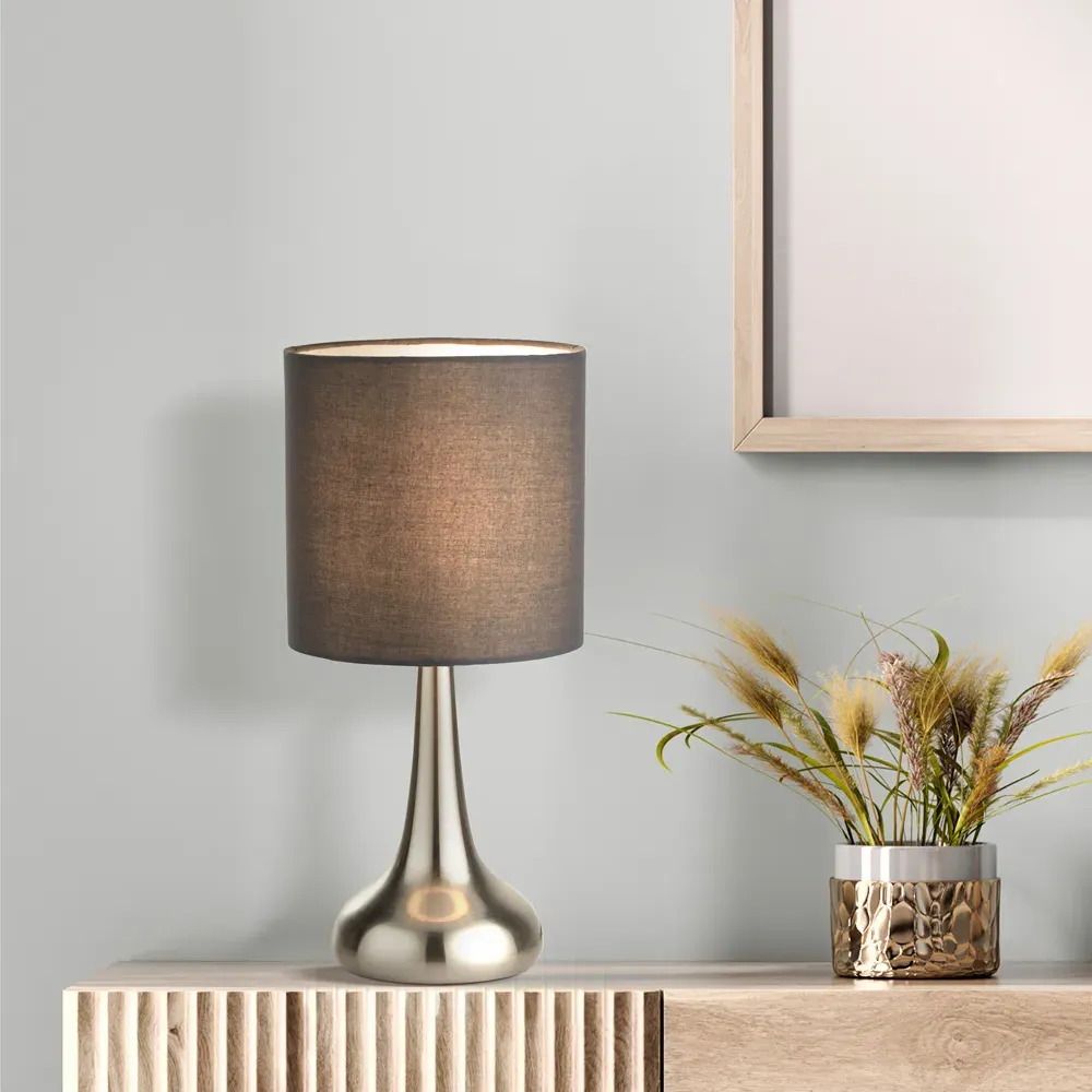 Satin Silver Touch Lamp - Silver, Dark Grey Shade