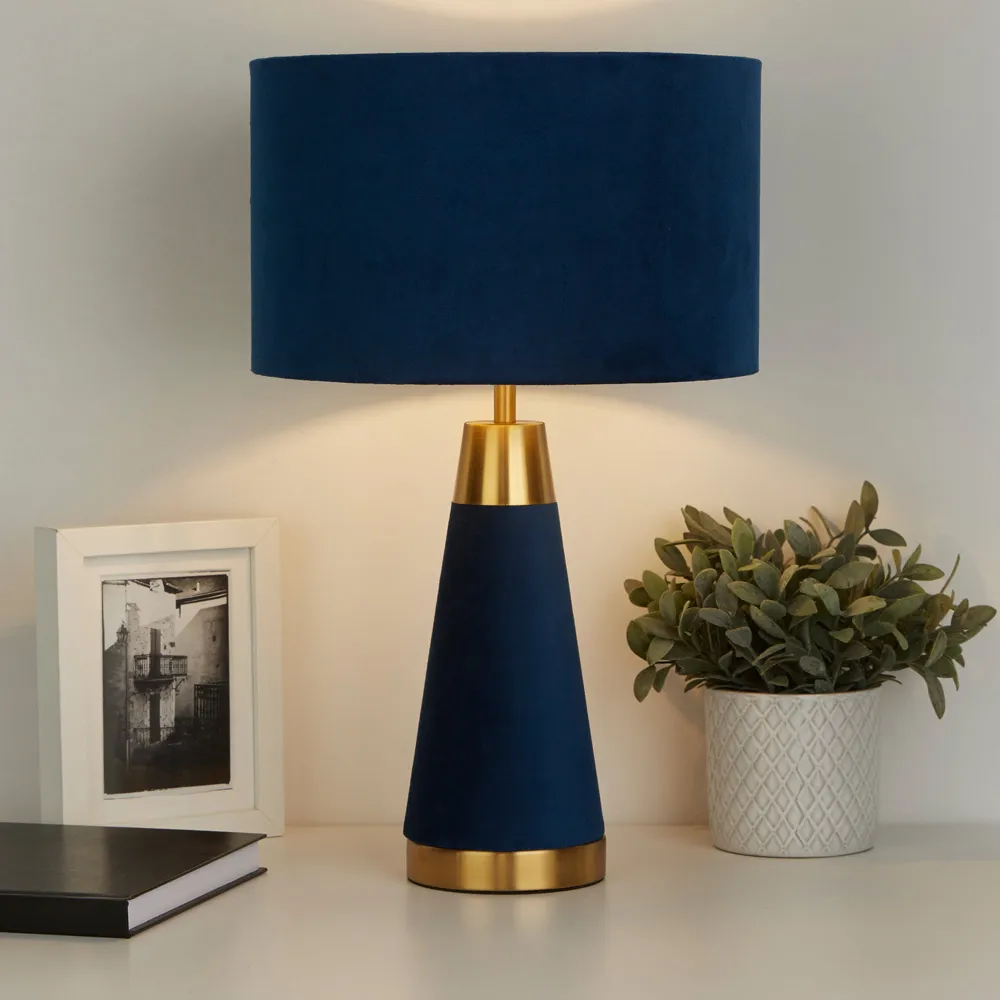 Table Lamp with Velvet Shade - Blue, Satin Brass