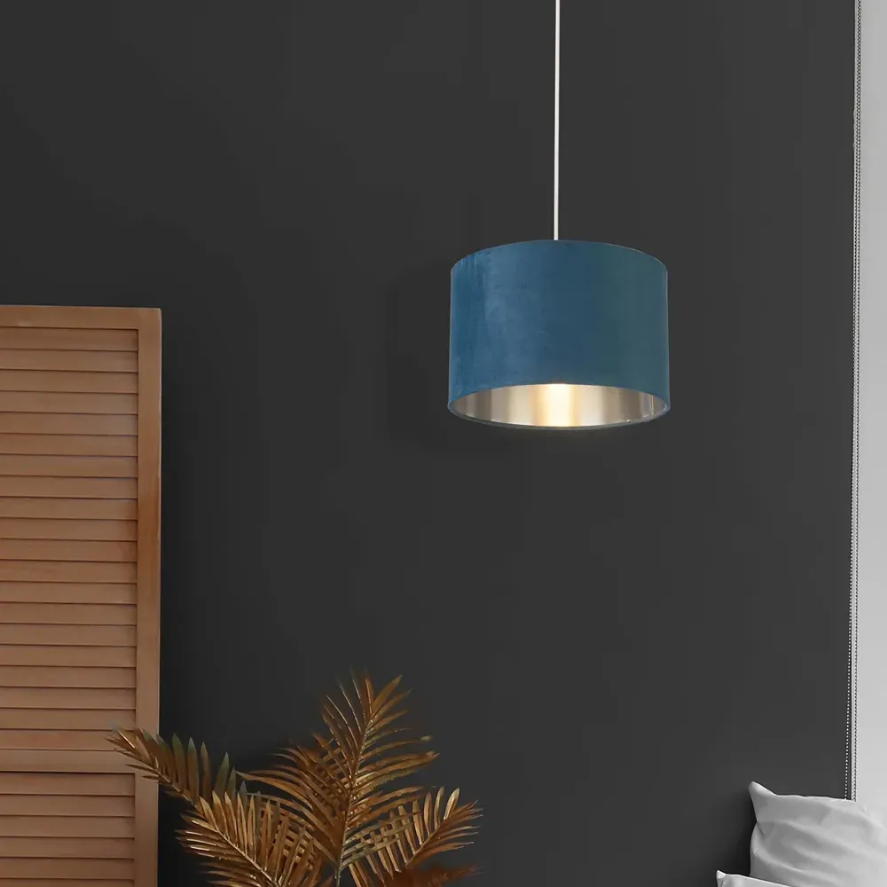 Teal Silver Inner Velvet Drum Shade - Blue, Velvet