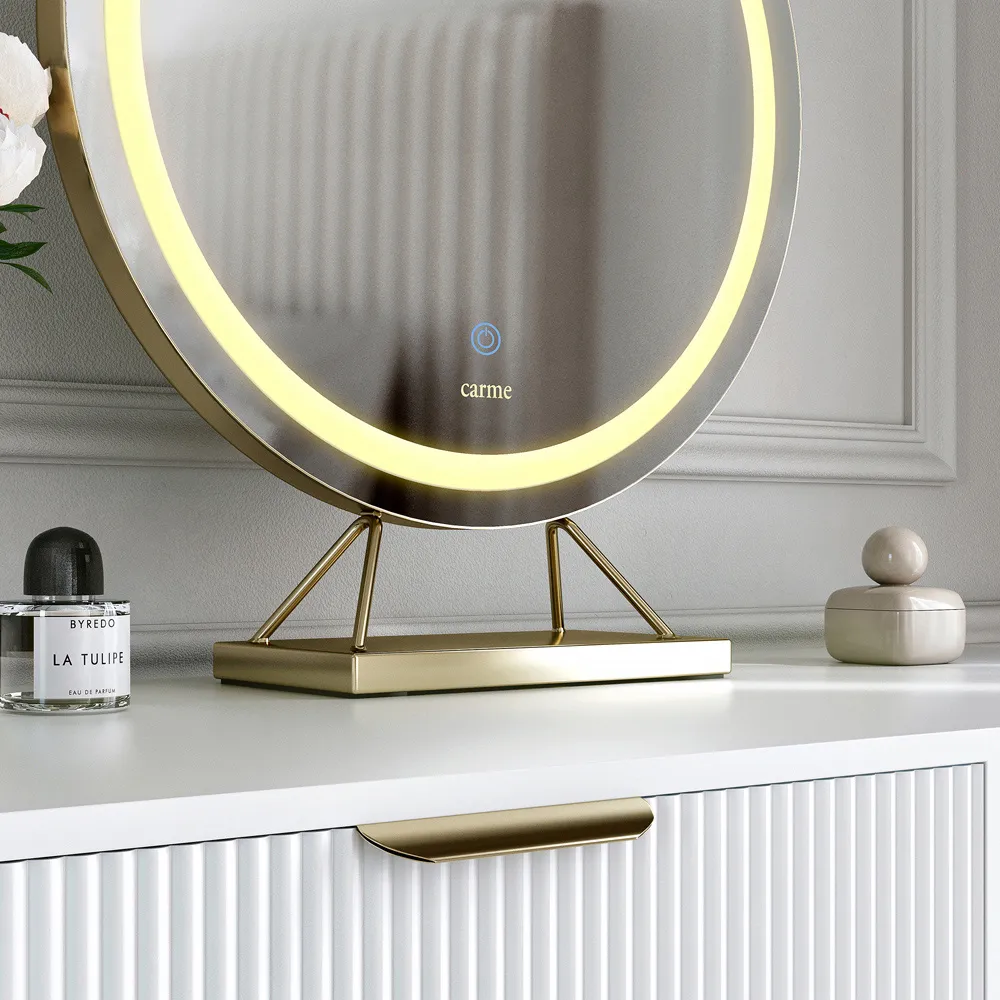 CARME Home Round LED Light Mirror with Touch Sensor - Gold
