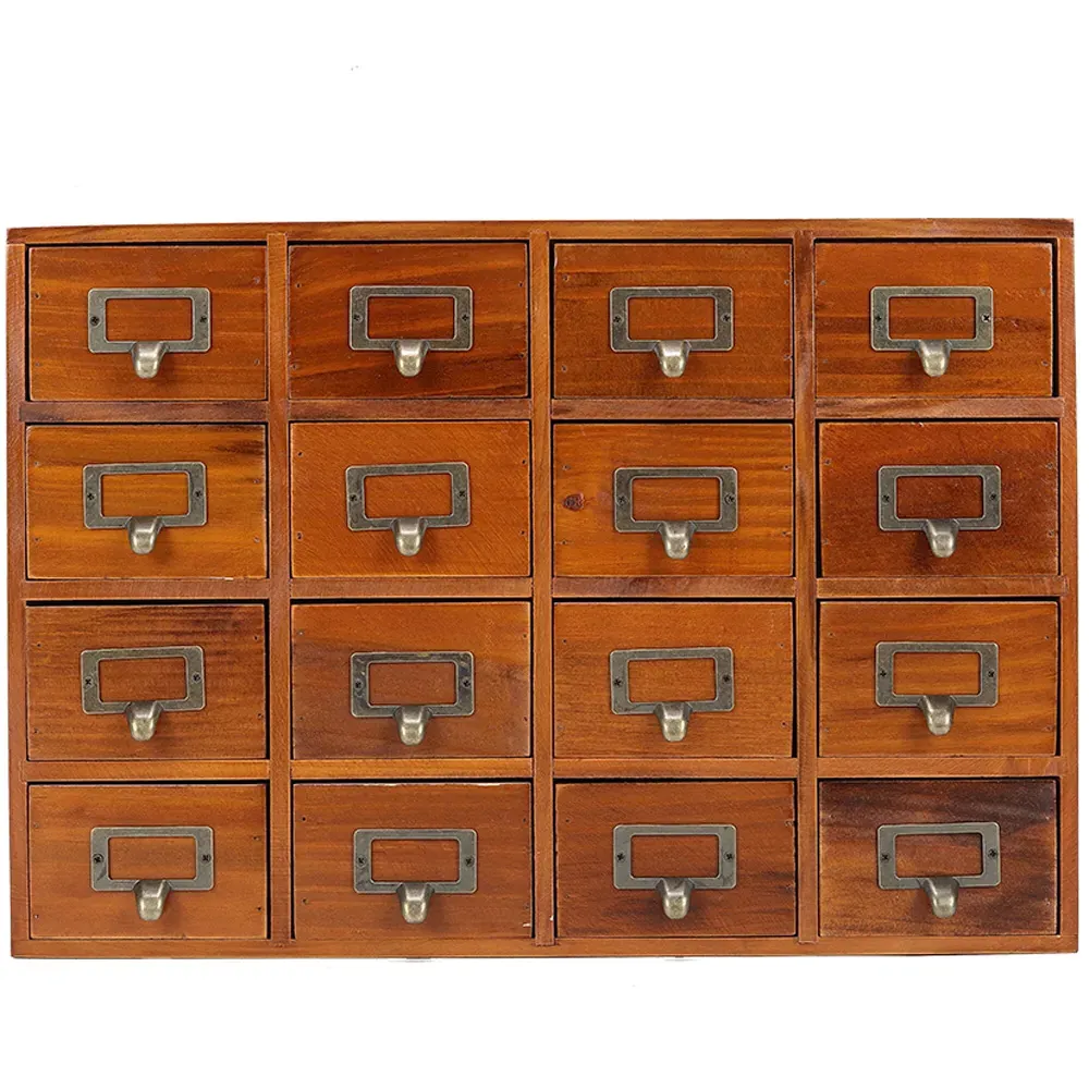 16 Drawer Vintage Wooden Organiser Box - Brown image