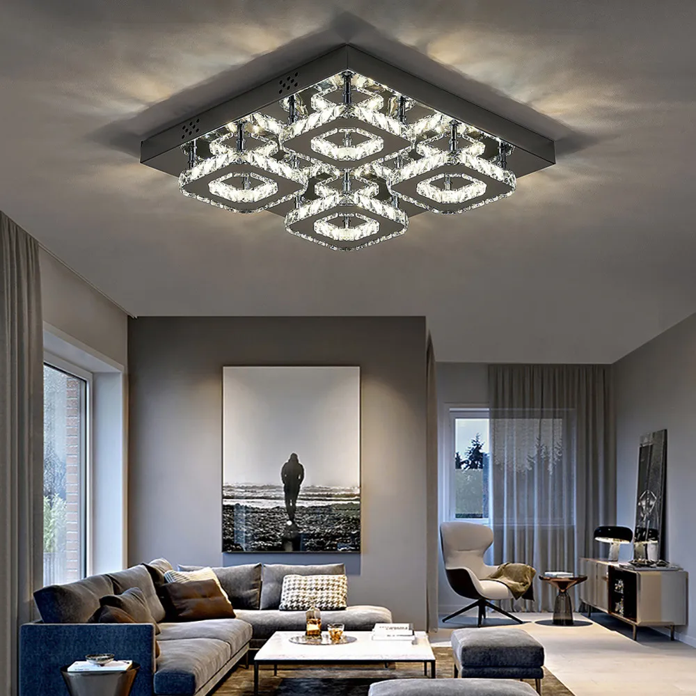 16 Inch Square Crystal LED Ceiling Light - Clear