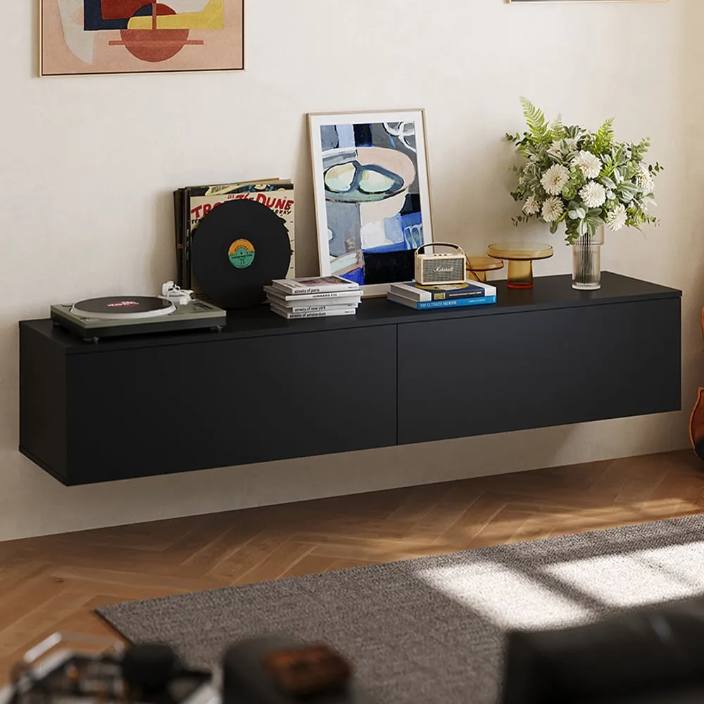 2 Door Wall Mounted Floating TV Unit - Black