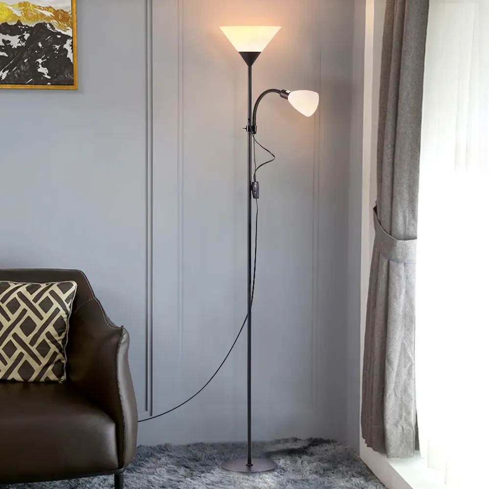 2 Head Floor Lamp with Button Switch - Black