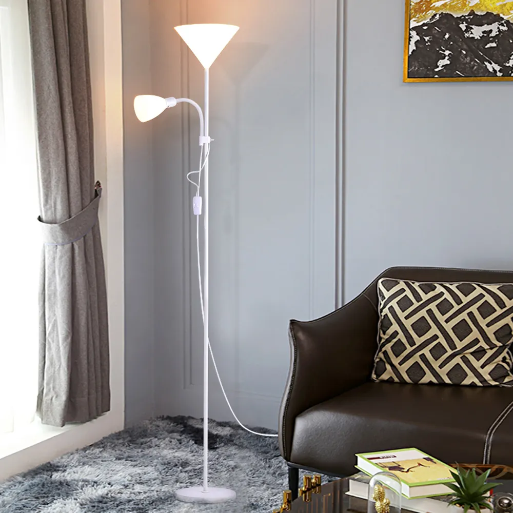 2 Head Tall Floor Lamp with Button Switch - White