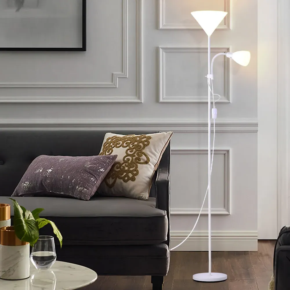 2 Head Tall Floor Lamp with Button Switch - White