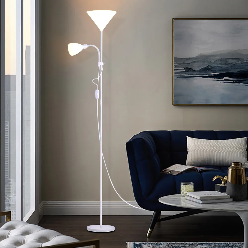 2 Head Tall Floor Lamp with Button Switch - White