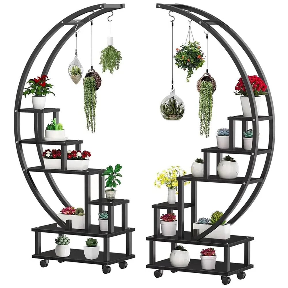 2 Piece Half Moon Plant Stand - Black
