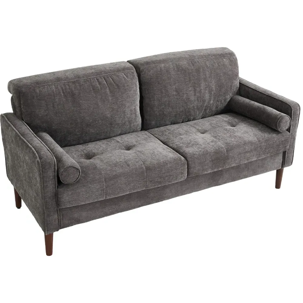 2-Seater Sofa with Cylindrical Pillows - Grey, Chenille