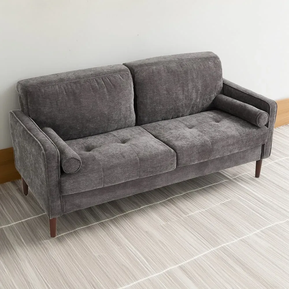 2-Seater Sofa with Cylindrical Pillows - Grey, Chenille