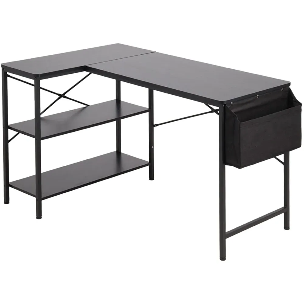 2 Shelf L-Shaped Office Desk with Storage Bag - Black