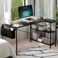 2 Shelf L-Shaped Office Desk with Storage Bag - Black