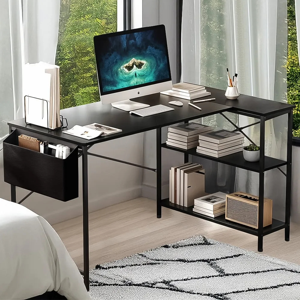 2 Shelf L-Shaped Office Desk with Storage Bag - Black