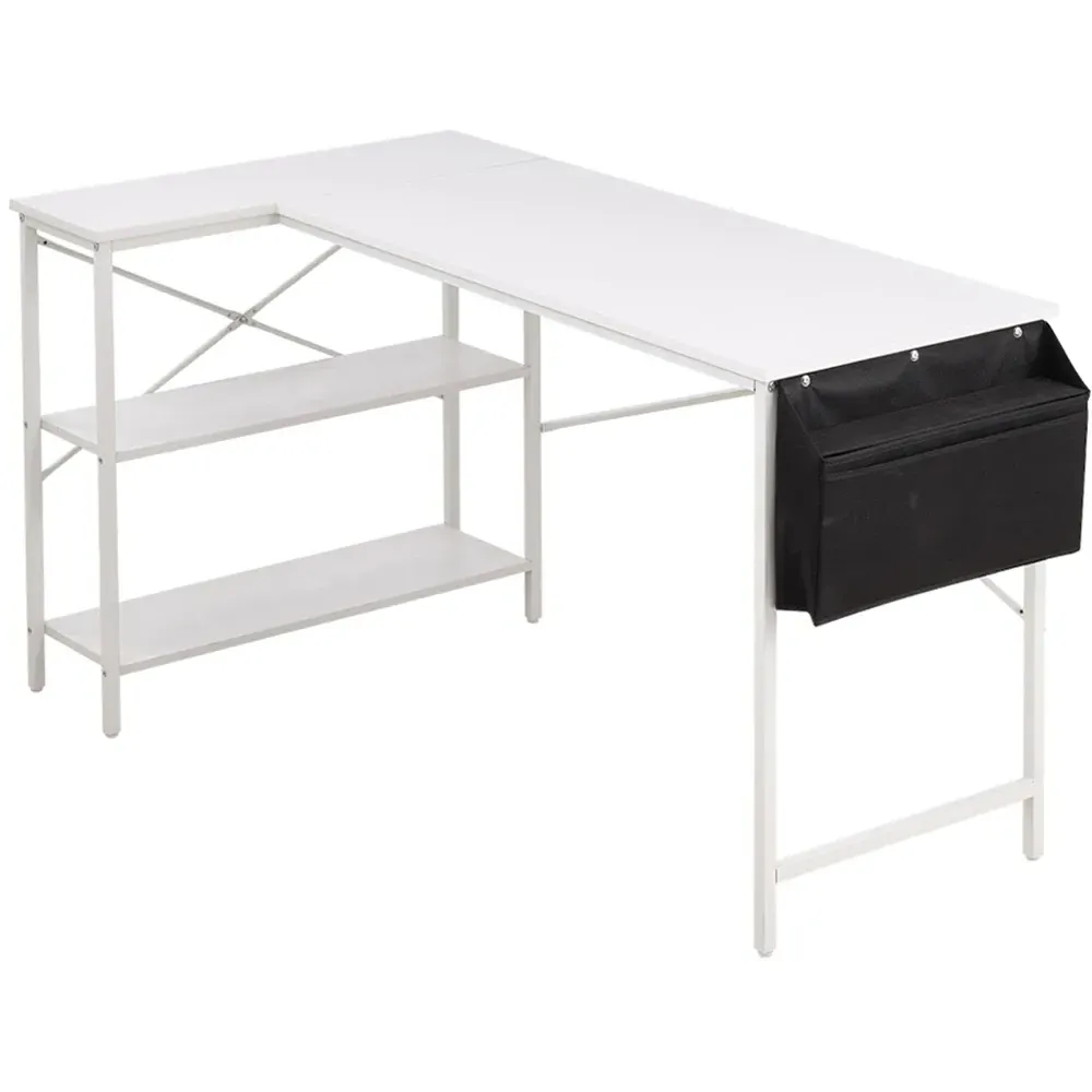 2 Shelf L-Shaped Office Desk with Storage Bag - White