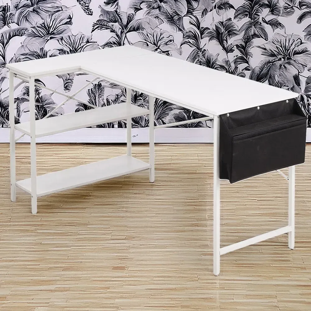 2 Shelf L-Shaped Office Desk with Storage Bag - White