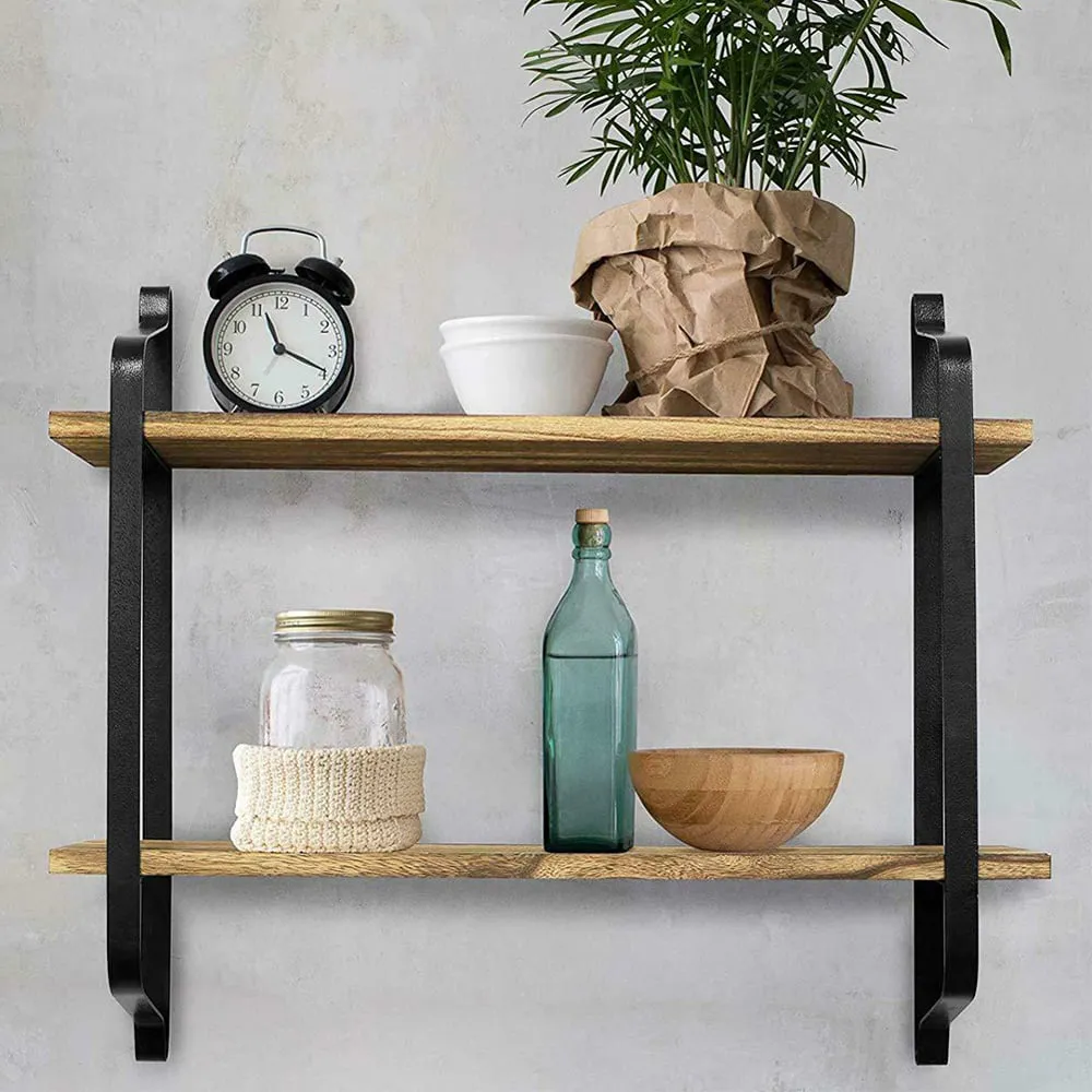 2 Tier Industrial Wall Shelf - Wood