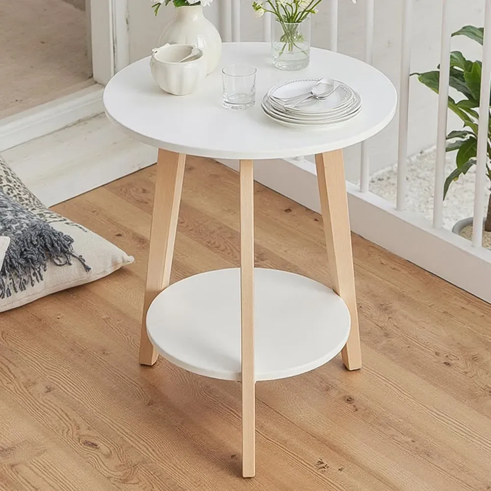 2-Tier Round Coffee Side Table - White, Wood