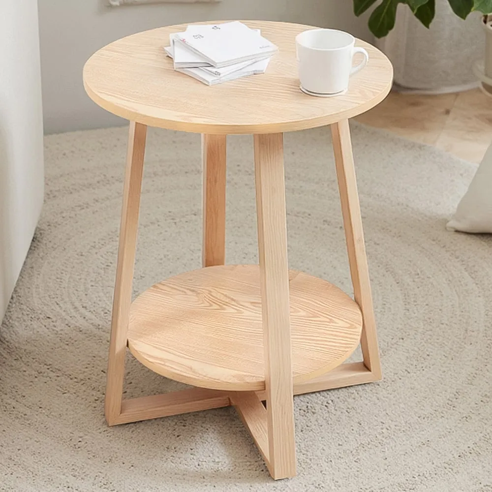 2-Tier Round Solid Wood Coffee Side Table - Cream