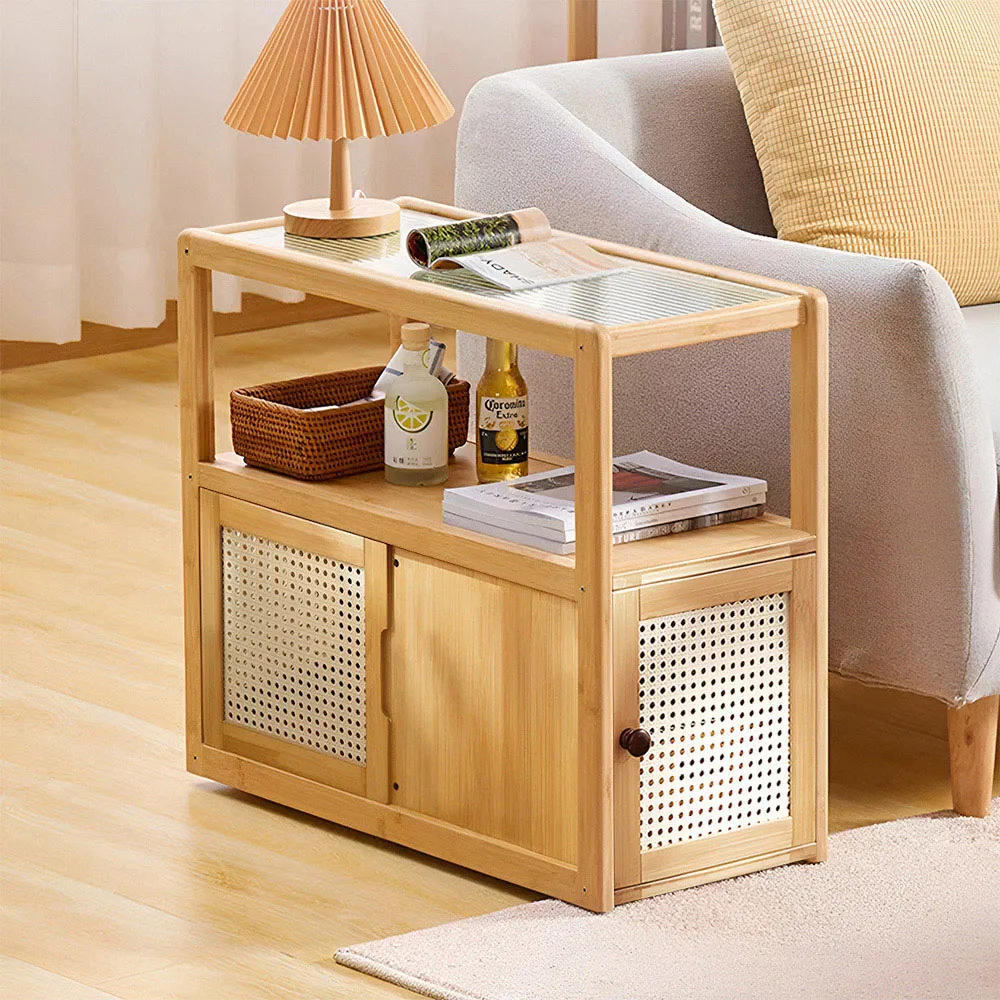 2 Tier Side Table with Wheels - Brown, Wood Glass
