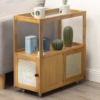 2 Tier Side Table with Wheels - Brown, Wood Glass