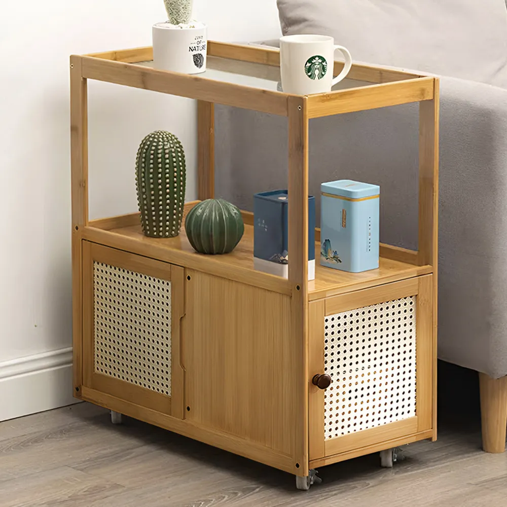 2 Tier Side Table with Wheels - Brown, Wood Glass image