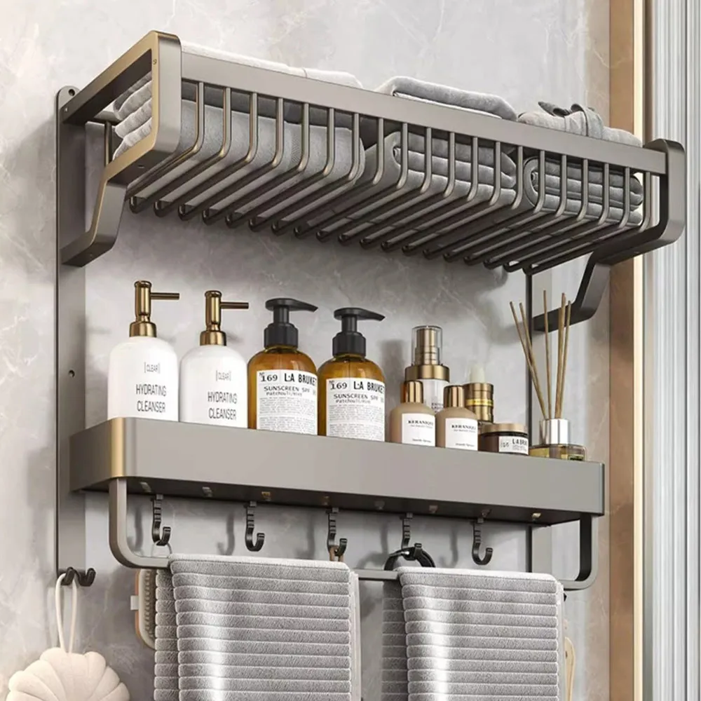 2 Tier Wall Mounted Bathroom Shelf with Towel Bar - Grey