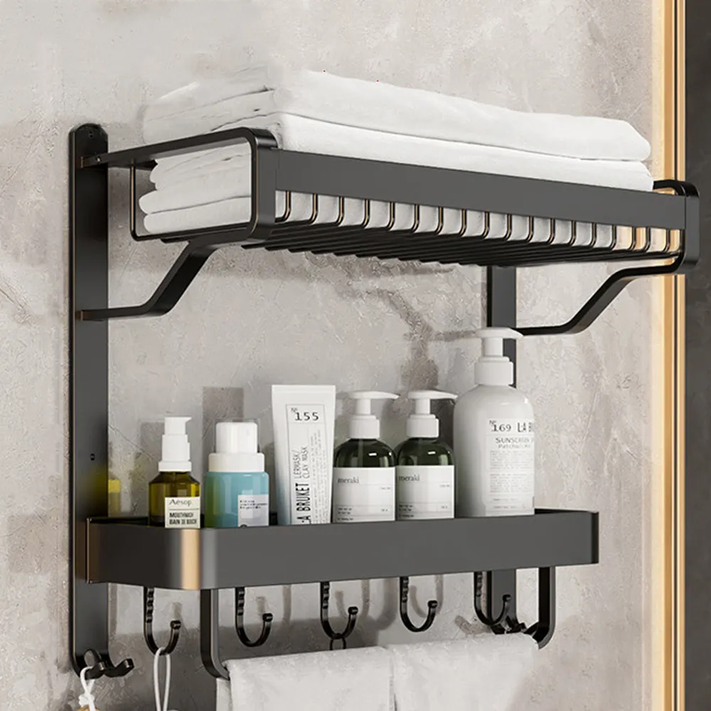 2 Tier Wall Mounted Bathroom Shelf with Towel Bar - Grey