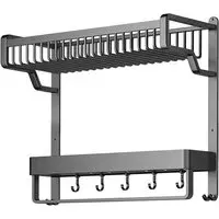 2 Tier Wall Mounted Bathroom Shelf with Towel Bar - Grey