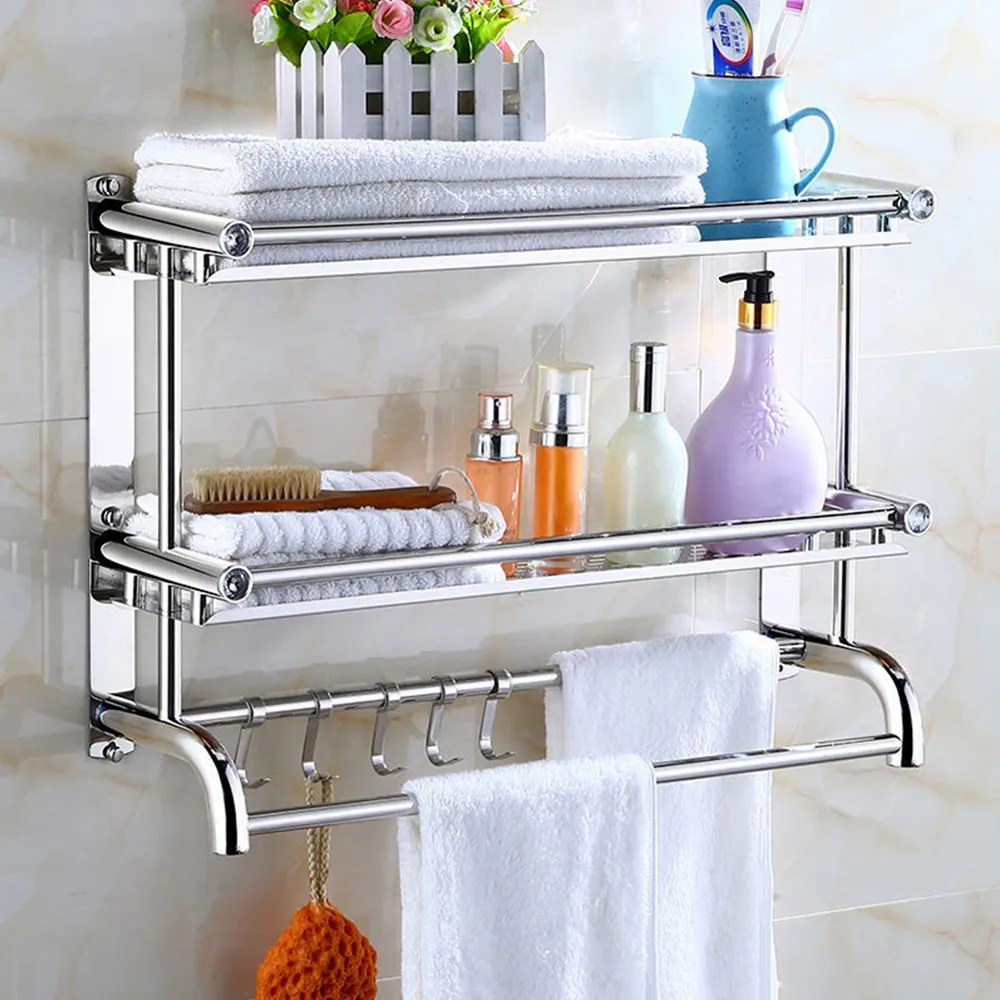 2-Tier Wall Mounted Towel Rail with Shelf and Hooks - Silver