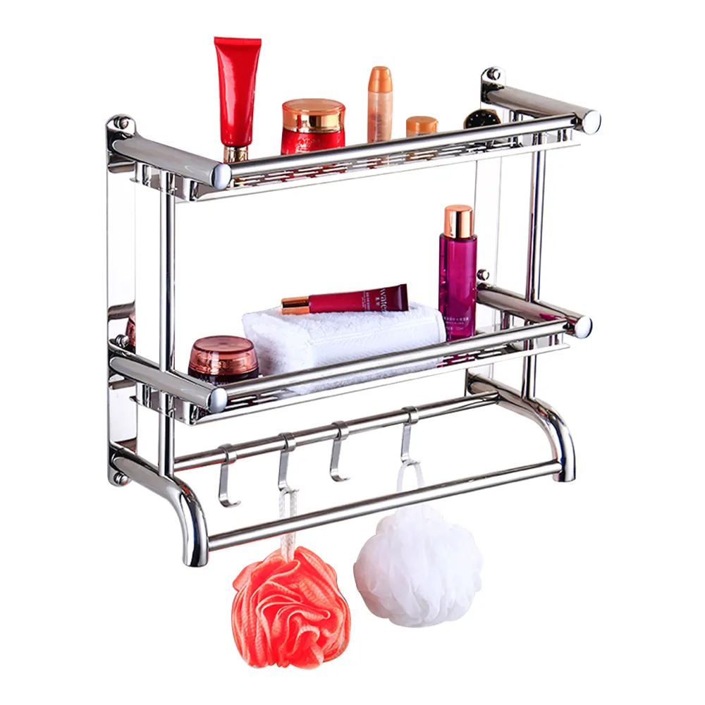 2-Tier Wall Mounted Towel Rail with Shelf and Hooks - Silver