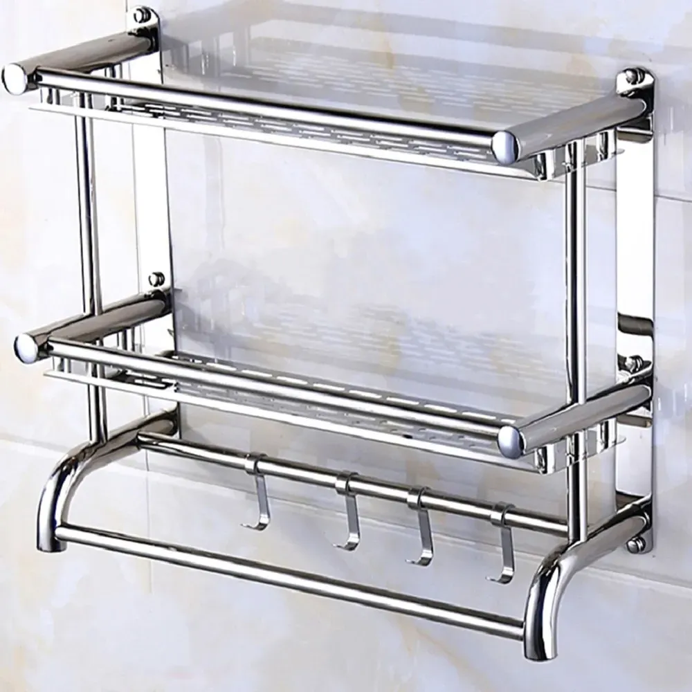 2-Tier Wall Mounted Towel Rail with Shelf and Hooks - Silver