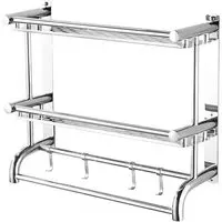2-Tier Wall Mounted Towel Rail with Shelf and Hooks - Silver