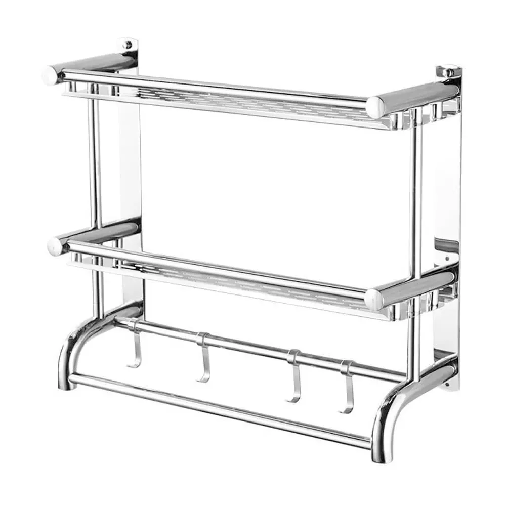 2-Tier Wall Mounted Towel Rail with Shelf and Hooks - Silver image
