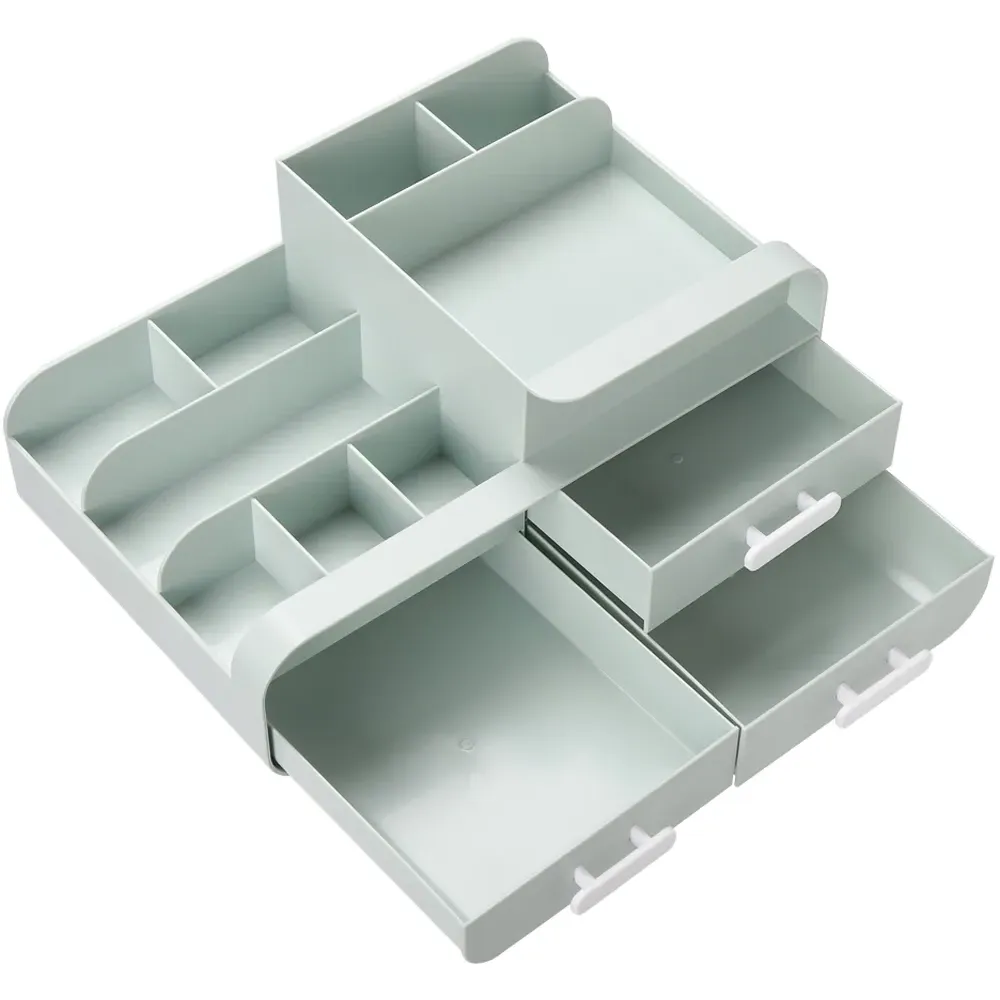 3 Drawer Desktop Organiser with Compartments - Green, Plastic