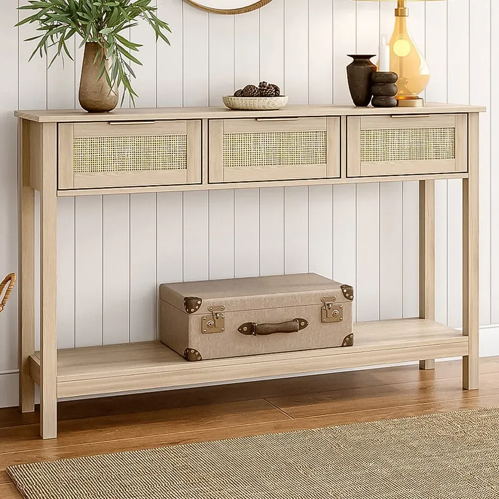 3 Drawer Rattan Side Table - Brown, Wood image