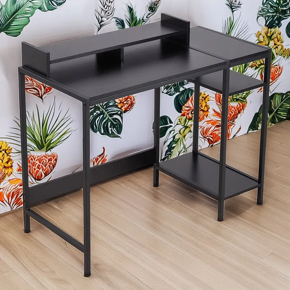 3 Shelf Office Desk with Monitor Stand - Black image