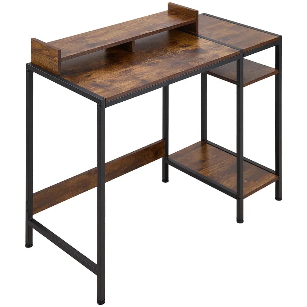 3 Shelf Office Desk with Monitor Stand - Brown