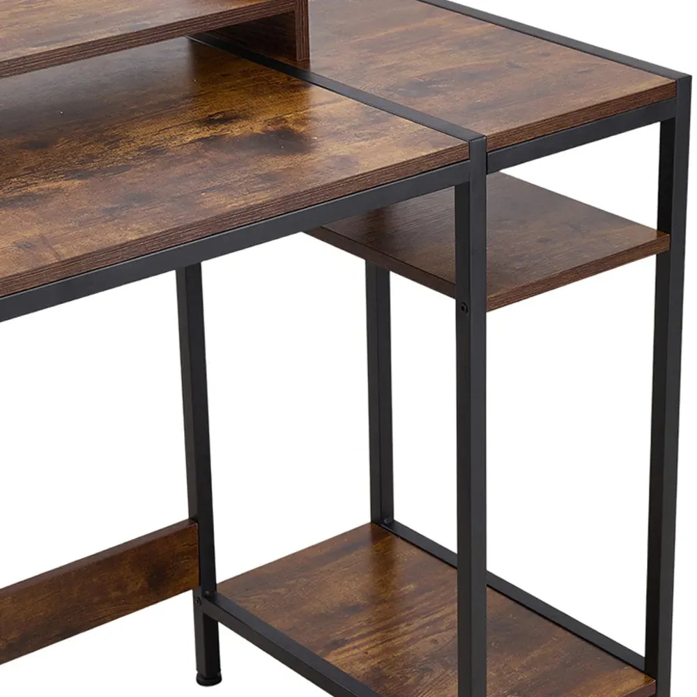 3 Shelf Office Desk with Monitor Stand - Brown