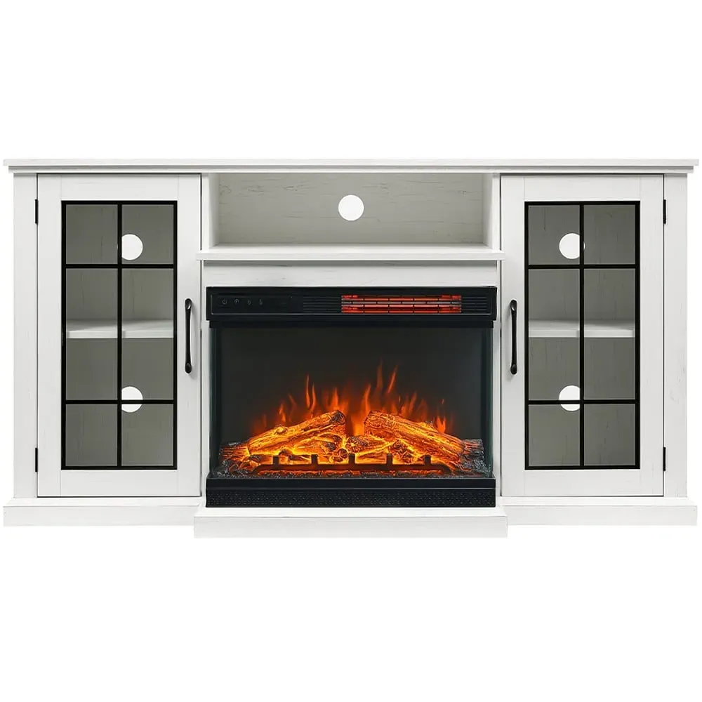 3 Side TV Stand with Electric Fireplace Storage - White