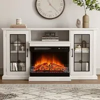 3 Side TV Stand with Electric Fireplace Storage - White