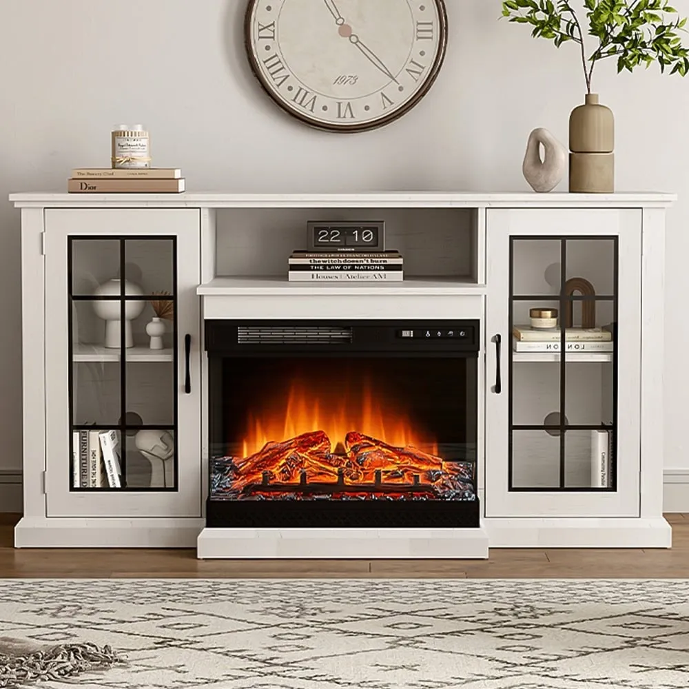 3 Side TV Stand with Electric Fireplace Storage - White