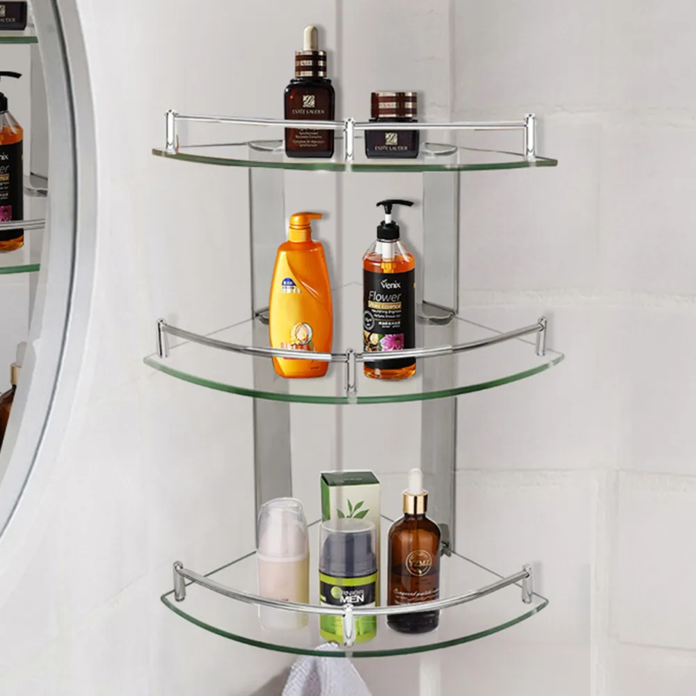 3 Tier Wall Mounted Corner Shelf - Silver, Glass