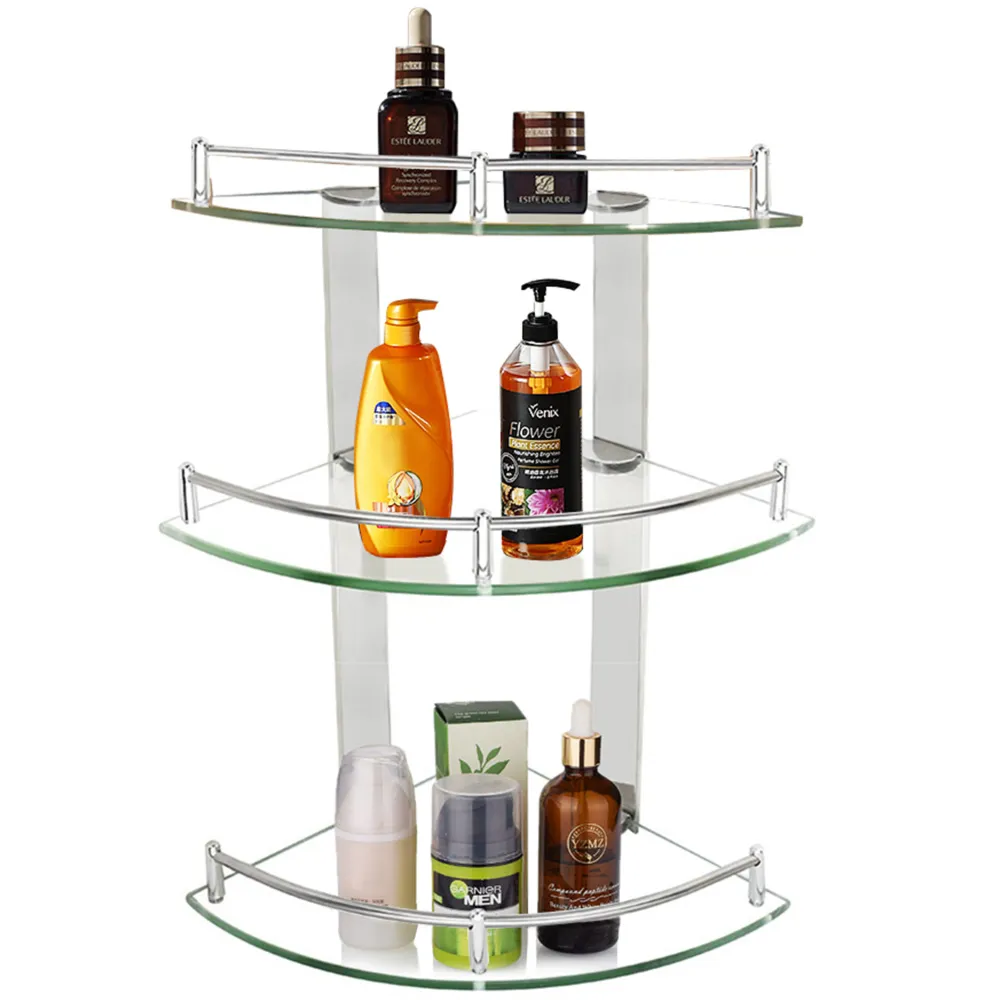 3 Tier Wall Mounted Corner Shelf - Silver, Glass