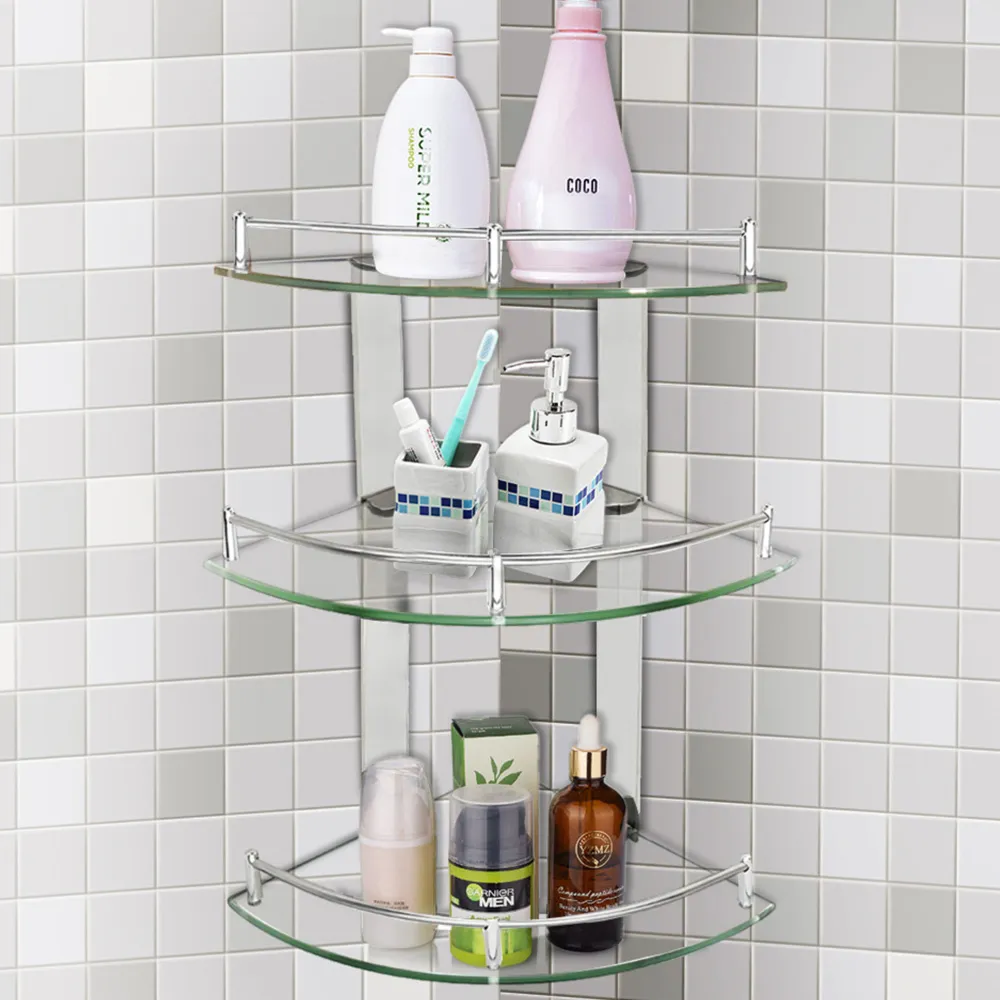 3 Tier Wall Mounted Corner Shelf - Silver, Glass